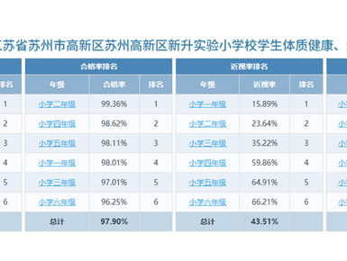 2024年度江苏省苏州市高新区苏州高新区新升实验小学校一至六年级学生体质健康、近视率排名